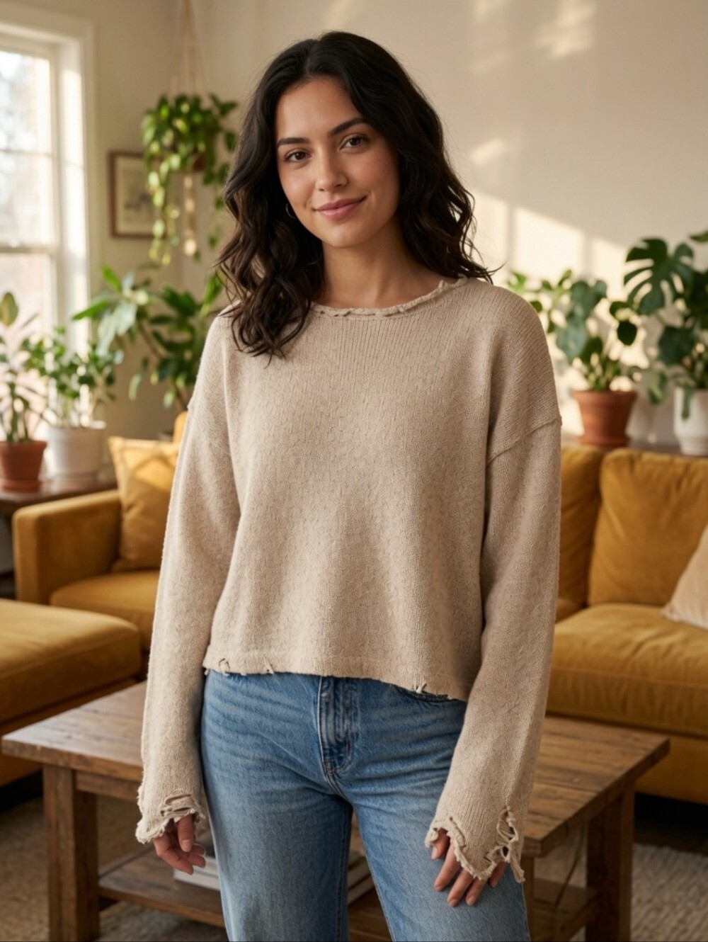 ZARA BASIC CROPPED ROLLED HEM KNIT SWEATER. SIZE LARGE. TAN.